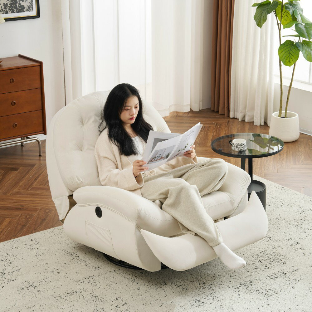 【即納】電動1人掛けソファー リクライニングチェア ゲーミングチェア リクライニングソファ 電動ソファ ベルベット 貝殻のデザイン 270度回転式 背もたれ調節105-165度 簡単昇降ボタン 快適なリビング 一人暮らし スマホ充電可能 癒しの必需品