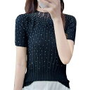 Tシャツ Tシャツ セーター レース 半袖 ウール カジュアル ブラウス ラウンドネック レディース ニットウェア
