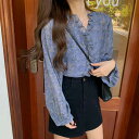 シースルー ス 襟フリル 長袖 フェミニン 代 代 花柄ブラウス 女性 可愛い パフスリーブ Vネック 大人 ゆるシャツ 通勤 代 -