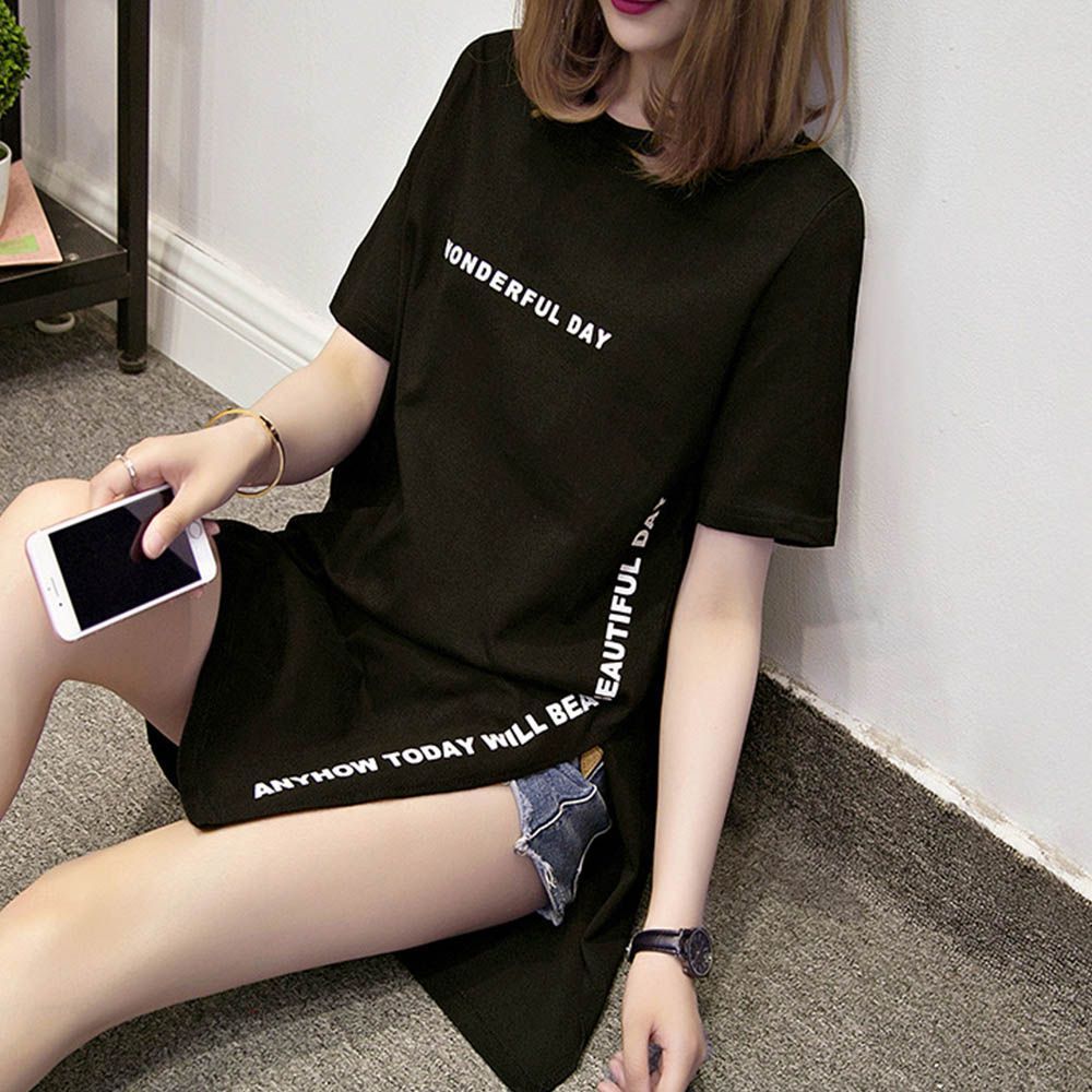 韓国夏服 サイドスリット ロンT着やせ 体型カバーカットソー tシャツ おしゃれ 半袖カジュアル プリント ロング丈Tシャツ ロゴtシャツ チュニック レディース