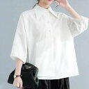 シンプル ドロップショルダー カジュアルシャツ レディース 無地 通勤 ブラック カジュアル ホワイト 角襟 体型カバー 薄手 ゆったり 大きいサイズ 無地シャツ シャツ 送料無料 通学 7分袖 夏服 おしゃれ ゆるシャツ 薄手 女性 カジュアル 大人(4)