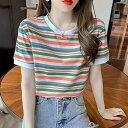 レディース 着痩せ 丸首 ゆったり ボーダー柄 ラウンドネック tシャツ 半袖Tシャツ ス 虹柄 夏服 縞模様 送料無料 レディース uネック オーバーサイズ