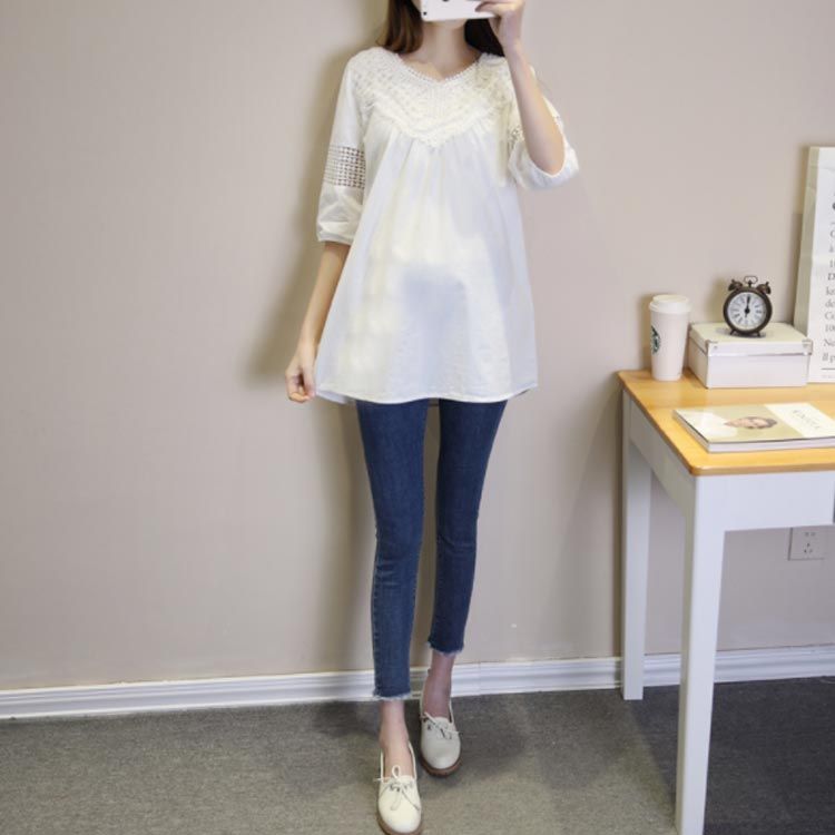 Tシャツ 透け感 白 マタニティ服 体型カバー 7分袖 レース 刺繍 春夏 コットン トップス 産前産後兼用 大人可愛い aライン マタニティTシャツ