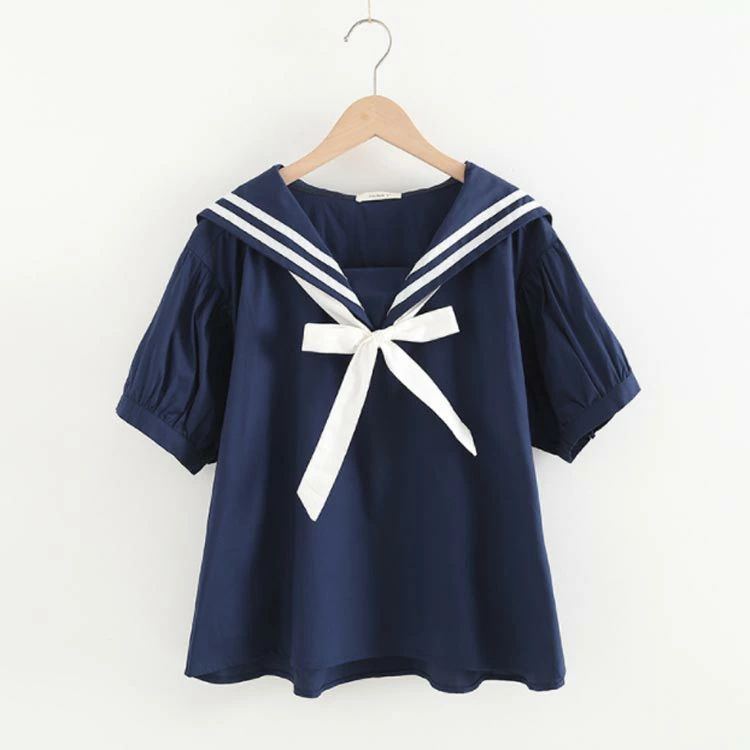 全4色 マリン風半袖 セーラーカラー プルオーバー Tシャツ コットン リボン 森ガール系 学園祭 