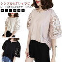 綿 花柄 上品 tシャツ 体型カバー きれいめ 五分袖 袖レース パフ袖 カットソー 送料無料 シンプル パフスリーブ レディース ラウンドネック 大人 トップス Tシャツ カジュアル 春 無地 半袖 夏 ゆったり ブラウス コットン(4)