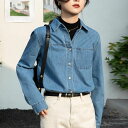 デニムシャツ ブルー シャツ シンプル カジュアル 長袖 ゆったり トップス 秋 ビッグシルエット 春 ウォッシュ加工 レディース アウター レギュラカラー 体型カバー ブラウス ウエスタンデニム ウエスタンシャツ 羽織り 送料無料 長袖(4)