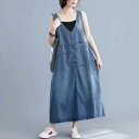 大きいサイズ オールインワン レディース デニムワンピース マキシ デニム サロペット 無地 体型カバー Vネック デニム サロペット 大きいサイズ オーバーオール ジャンパースカート ワンピース 夏 送料無料 マキシワンピース