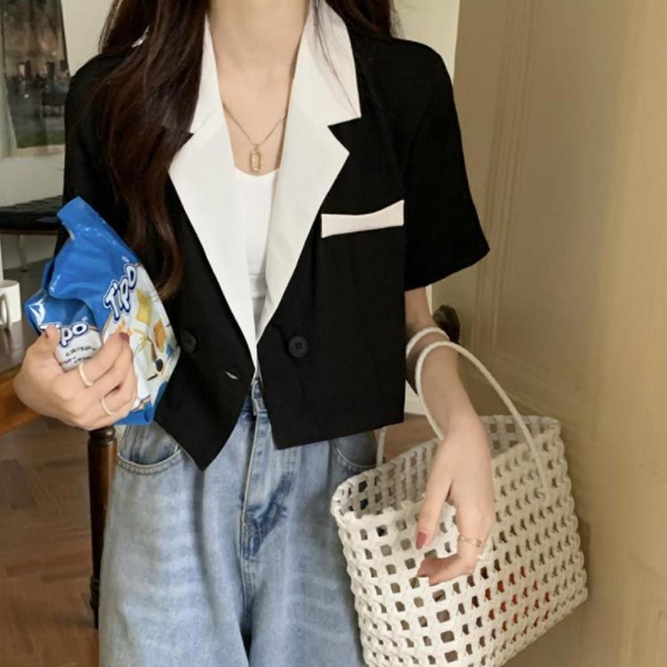 夏スーツ おしゃれ 夏 テーラードジャケット ジャケット 通勤 薄手 サマー 事務服 サマースーツ 半袖 涼しい 卒業式 お出かけ 春夏 アウター 配色 春 送料無料 シャツジャケット サマージャケット オフィスカジュアル ショート丈 洗える レディース
