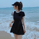 ブラック ワンピース 露出控えめ スイミング お洒落 フレア 送料無料 スイムウェア プール 2点 海水浴 水着 体型カバー 温泉 シンプル 着?せ ギフト 水...