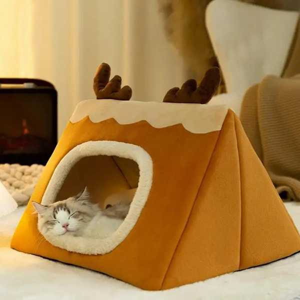 折りたたみ式三角形全天候型ペットハウス 快適 屋内犬 猫 棚 暖かい子犬 シェルター マット