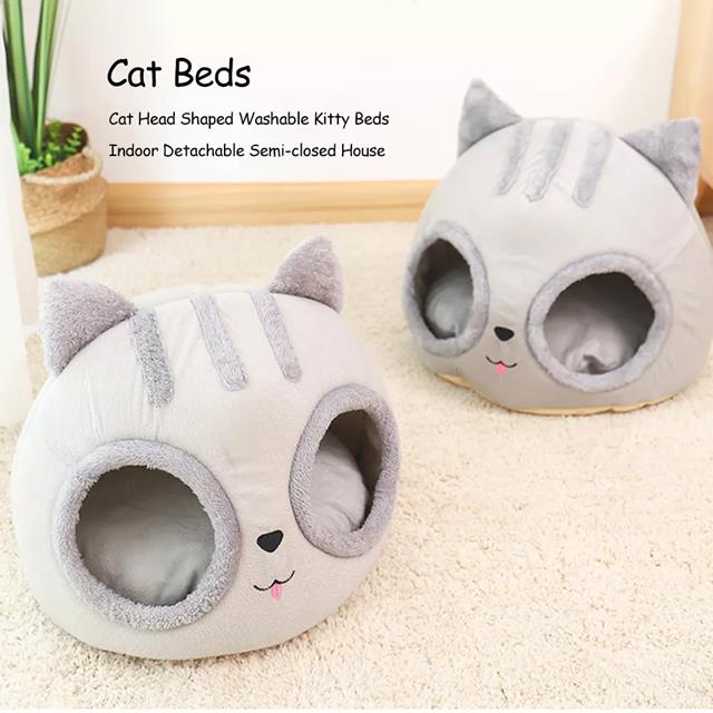 取り外し可能な 猫 の頭の形をした ベッド 洗える 冬の ベッド 屋内 暖かく 取り外し可能な 半密閉型 ペット の家の 装飾