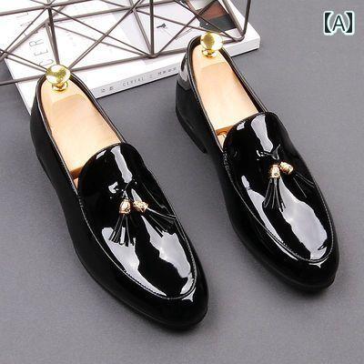 ローファー メンズ 紳士靴 シューズ フリンジ タッセル おしゃれ 革靴 スリッポン ポインテッド ビジネ..