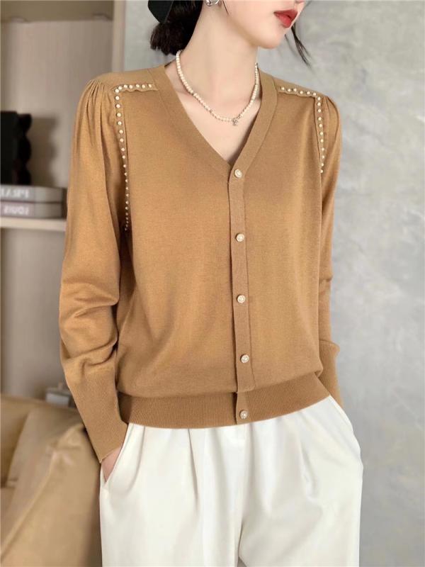 レディース ス カーディガン コーデ セーター Vネック オシャレ ビーズ 服 ウール カワイイ シンプル 大人カワイイ 秋冬 ファッション アイテム 大きいサイズ 韓国スタイル