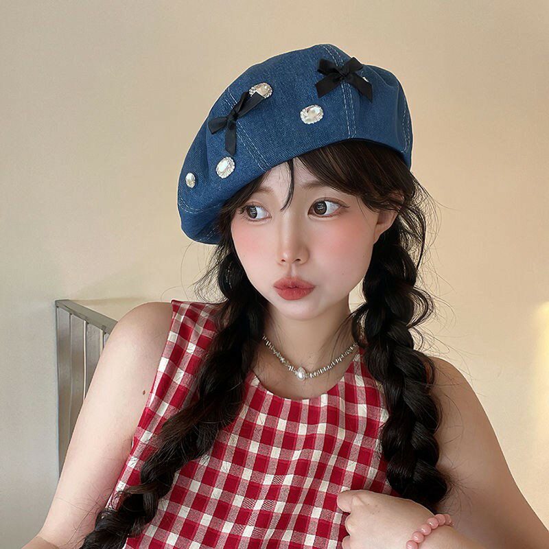 重工リボンの水のダイヤのデニムのベレー帽女性の韓国版の顕顔の小さい?蕾画家の帽子です