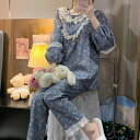 シンプル カジュアル ス 長袖 フリル ラウンドネック 部屋着 フリーサイズ 秋 上下セット ボリューム袖 ルームウェア ガーリー 花柄 個性的 ナチュラル パ...