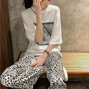 送料無料 大人可愛い 夏 ダルメシアン ラフ オシャレ お洒落 ロング丈 5分袖 個性的 モノクロ 秋 Tシャツ ラウンドネック パジャマ ウエストゴム かわい...