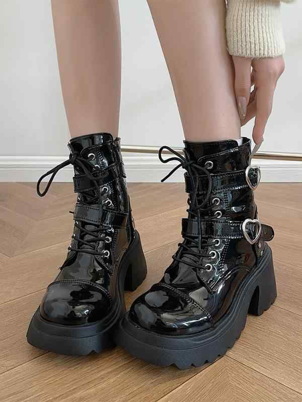 秋冬 紐 英国風 かわいい シンプル 韓国 おすすめ おしゃれ 太い 6 レディース ライダース ヒール ハー..