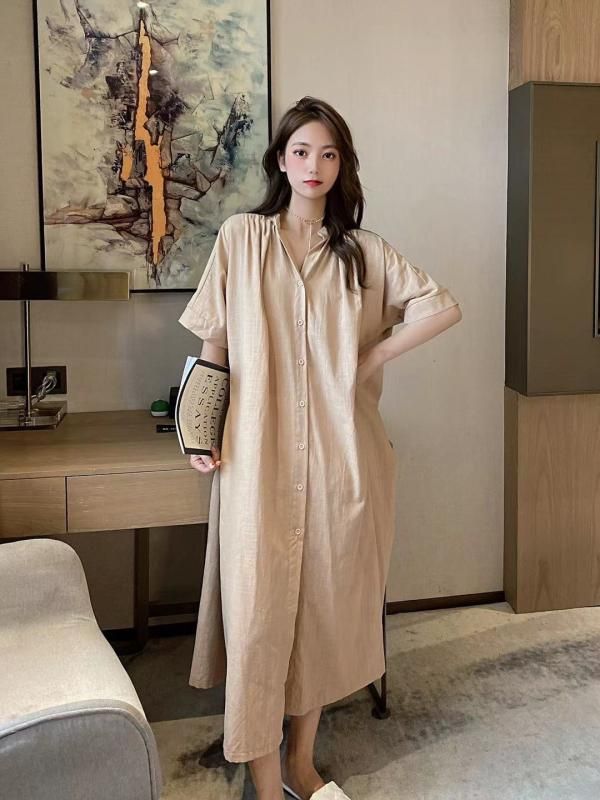 女性 夏 おしゃれ レディース 秋冬 韓国ファッション和風 半袖 シングルブレスト 春夏 かわいい ウエスト レースアップ ドレス シンプル リネンシャツ 韓国のサムネイル