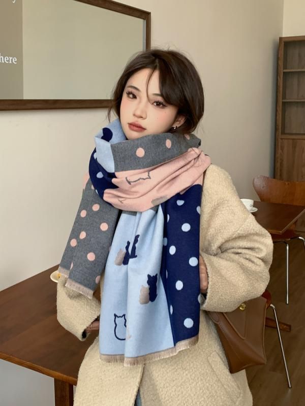 猫 ショール かわいい 両面 ドット 水玉 マフラー スカーフ ネックウォーマー おしゃれ 韓国 65cm×190cm ニット 女性 ファッション シンプル 秋冬 レディース