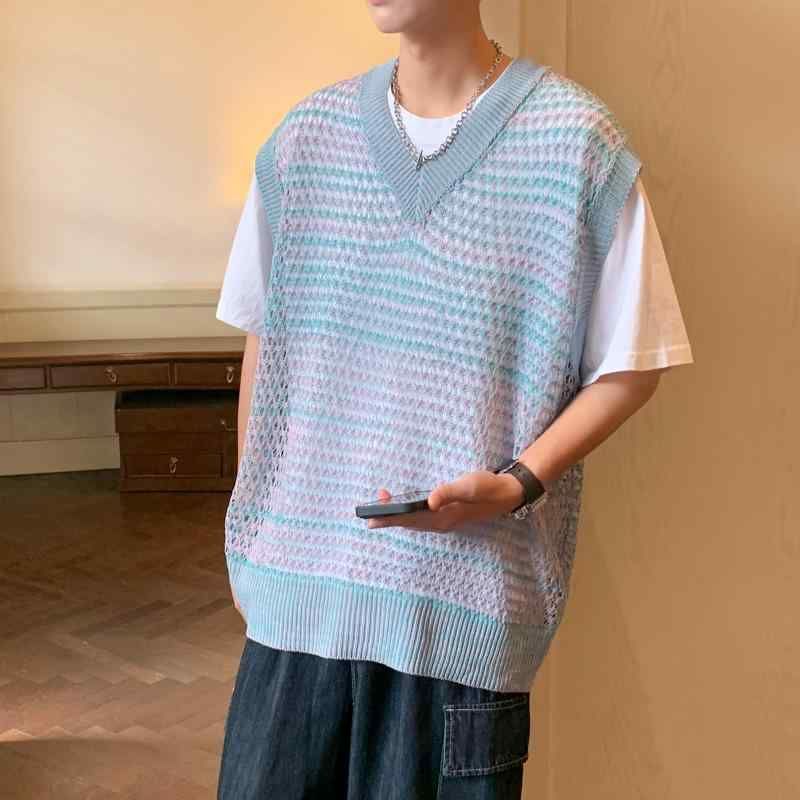 モテ 夏 大人 春 薄手 かっこいい 韓国 服 ニット 男性用 レトロ オシャレ メンズ 冬 ファッション シンプル 夏 秋 アメリカン ネック ゆったり グラデーション 紳士服 ノースリーブ