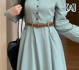 レディース ファッション ワンピース 大きめサイズ フレンチ ポケット ロング スカート 春秋 ハイウエスト ドレス