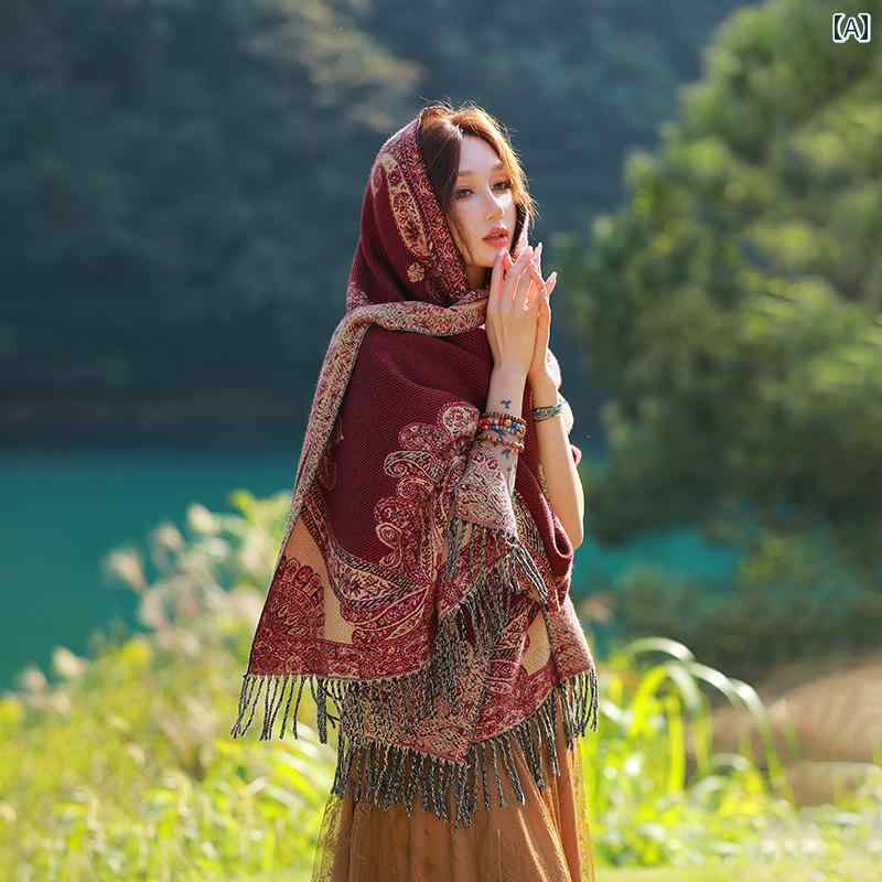 レディース ショール 大判スカーフ ストール ケープマント 春秋冬 厚手 保温 防寒 長さ190cm タッセル ..