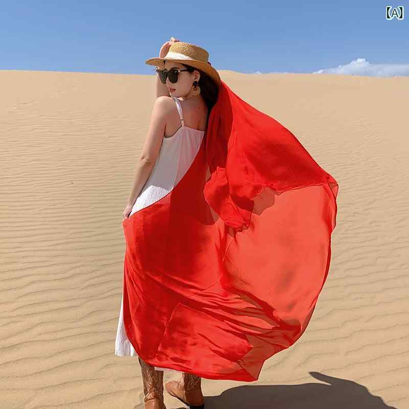 レディース ショール 薄手 大判スカーフ ストール 90×180cm 夏 透け感 通気性 メッシュ エッジ処理済み ナチュラル感 無地 朱赤 レッド 風 エレガント 日焼け防止 リゾート