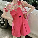 女の子 ファッション 衣装 ローズレッド デニム ワイドレッグ サスペンダー ショーツ スカート ストライプ 半袖 Tシャツ 夏 2点セット