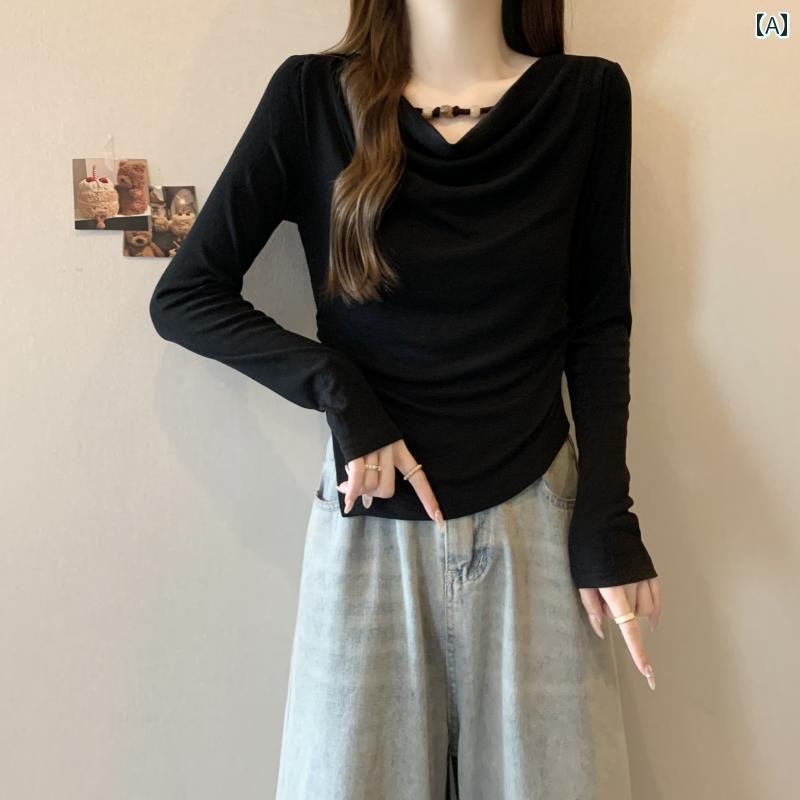 レディース ファッション ス 大きめサイズ Vネック 長袖 Tシャツ シャツ 春秋 プリーツ ウエスト 不規則 スリット