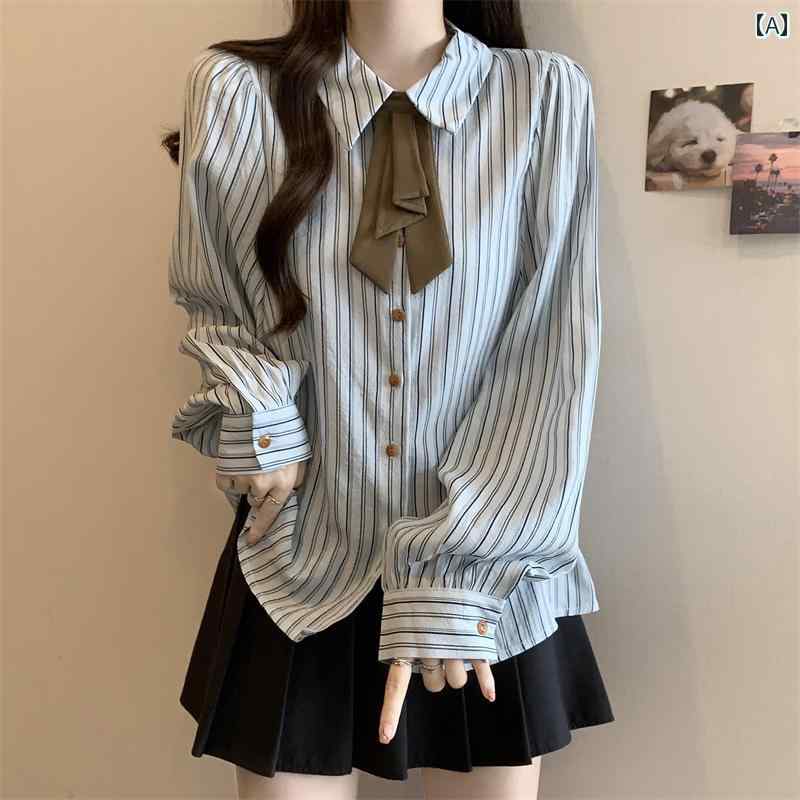 レディース ファッション ス 大きいサイズ ストライプ 長袖 シャツ 春秋 スリム カレッジ ネクタイ シャツ
