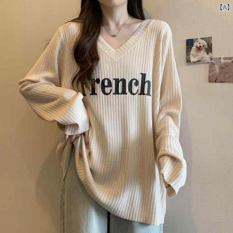 レディース ファッション ス ゆったり 大きめサイズ Vネック ストライプセーター 秋冬 インナー シャツ カジュアル