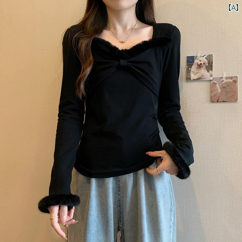レディース ファッション ス 大きいサイズ 婦人服 厚手 暖かい 長袖 Tシャツ 秋冬 Vネック エッジ シャツ