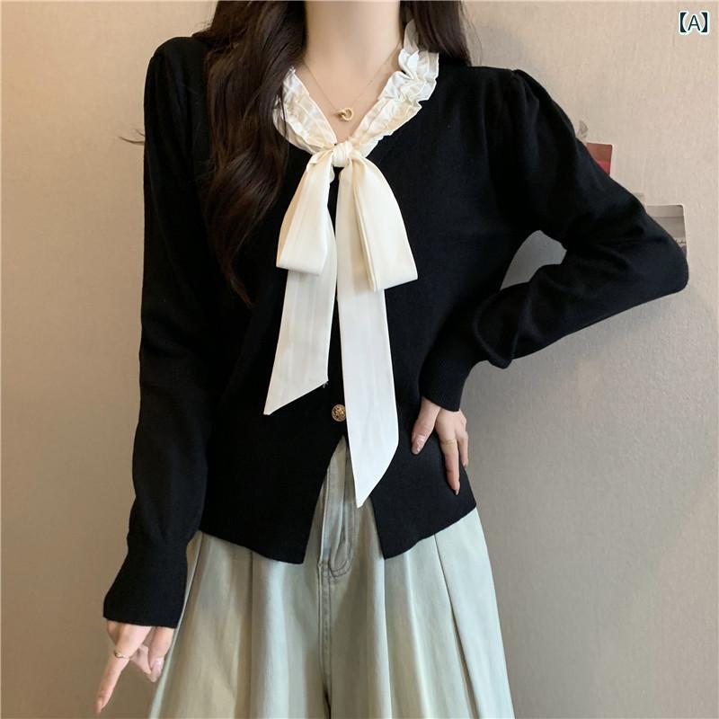 レディース ファッション ス 秋冬 大きめサイズ フレンチ エレガント レースアップ リボン ニット セー..