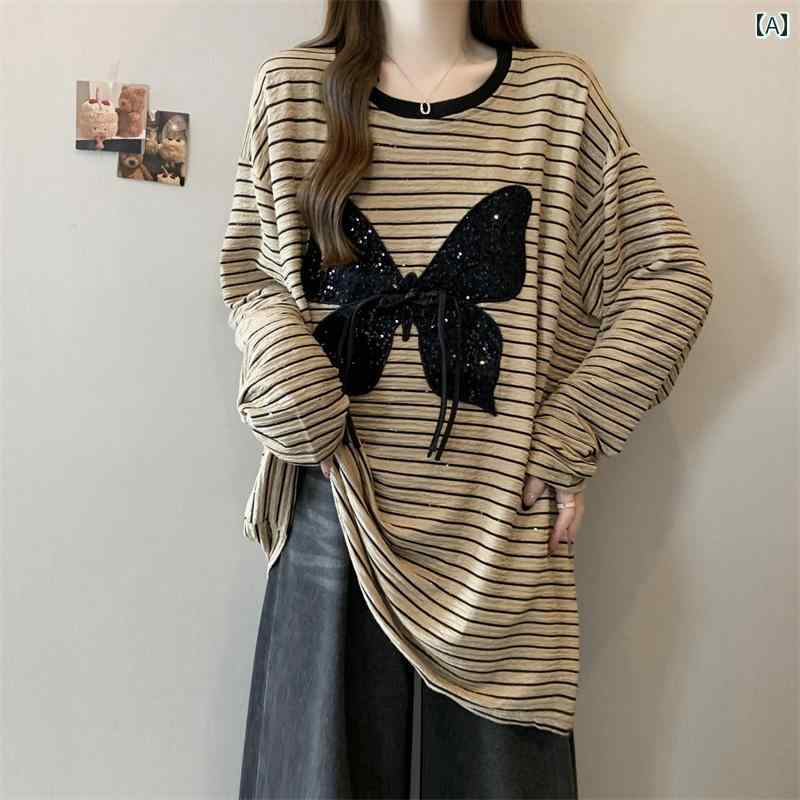 レディース ファッション ス 大きめサイズ 立体 リボン ストライプ 長袖 Tシャツ レディース 春秋 体型カバー 丈