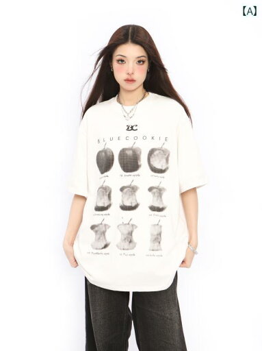 Tシャツ ス レディース リンゴ 夏 かわいい ラウンドネック オーバーサイズ ブラック ホワイト 半袖 ファッション コーディネート Tシャツ ス レディース リンゴ 夏 かわいい ラウンドネック オーバーサイズ ブラック ホワイト 半袖 ファッション コーディネート