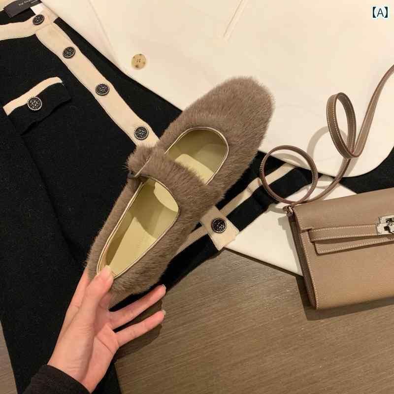 レディース 靴 シューズ ワンタッチ バックル フラット 秋冬 シープスキン シングル シンプル ラバー ふわふわ(4)