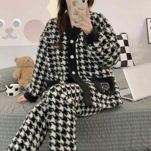 パジャマ レディース 秋冬 コーラル 起毛 韓国 千鳥格子 厚手 フランネル かわいい 親友 ホームウェア セット Vネック ナイトウェア ルームウェア パジャマ レディース 秋冬 コーラル 起毛 韓国 千鳥格子 厚手 フランネル かわいい 親友 ホームウェア セット Vネック ナイトウェア ルームウェア