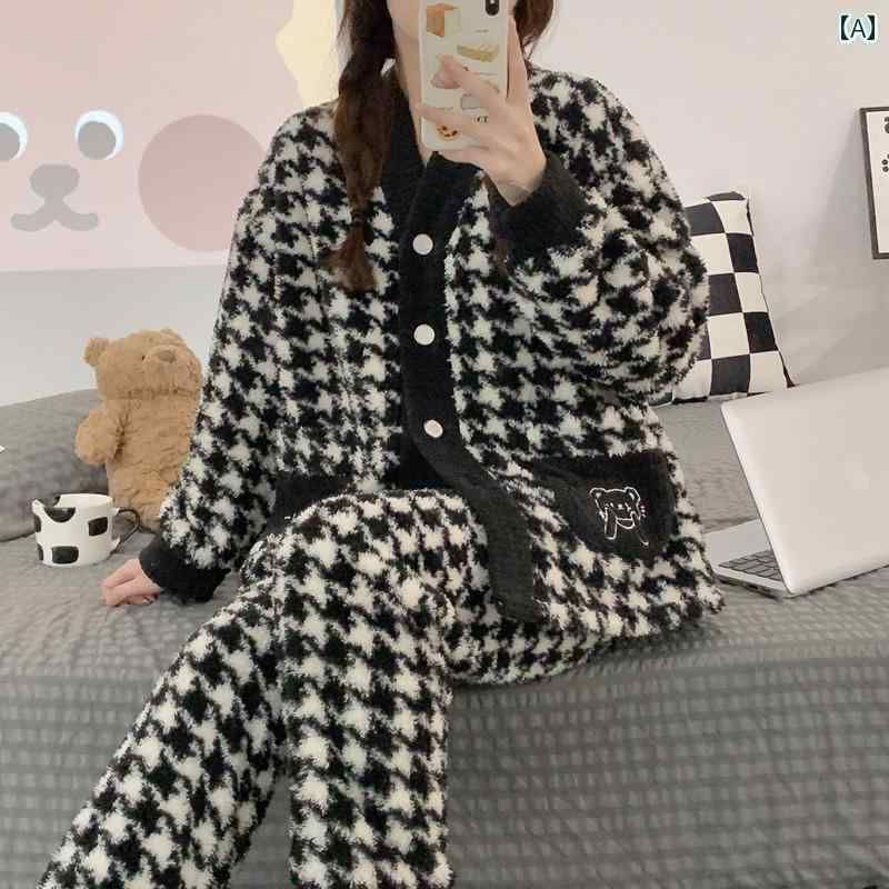 パジャマ レディース 秋冬 コーラル 起毛 韓国 千鳥格子 厚手 フランネル かわいい 親友 ホームウェア セット Vネック ナイトウェア ルームウェア