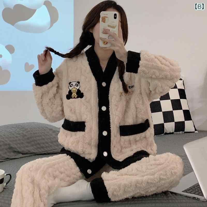 パジャマ レディース 秋冬 コーラル 起毛 韓国 千鳥格子 厚手 フランネル かわいい 親友 ホームウェア セット Vネック ナイトウェア ルームウェア