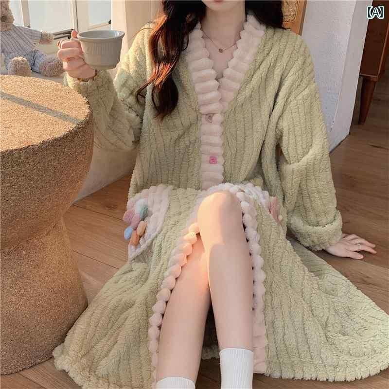 レディース パジャマ ナイトウェア コーラル 起毛 ナイトガウン ガウン 秋冬 ロング 厚手 ホームウェア