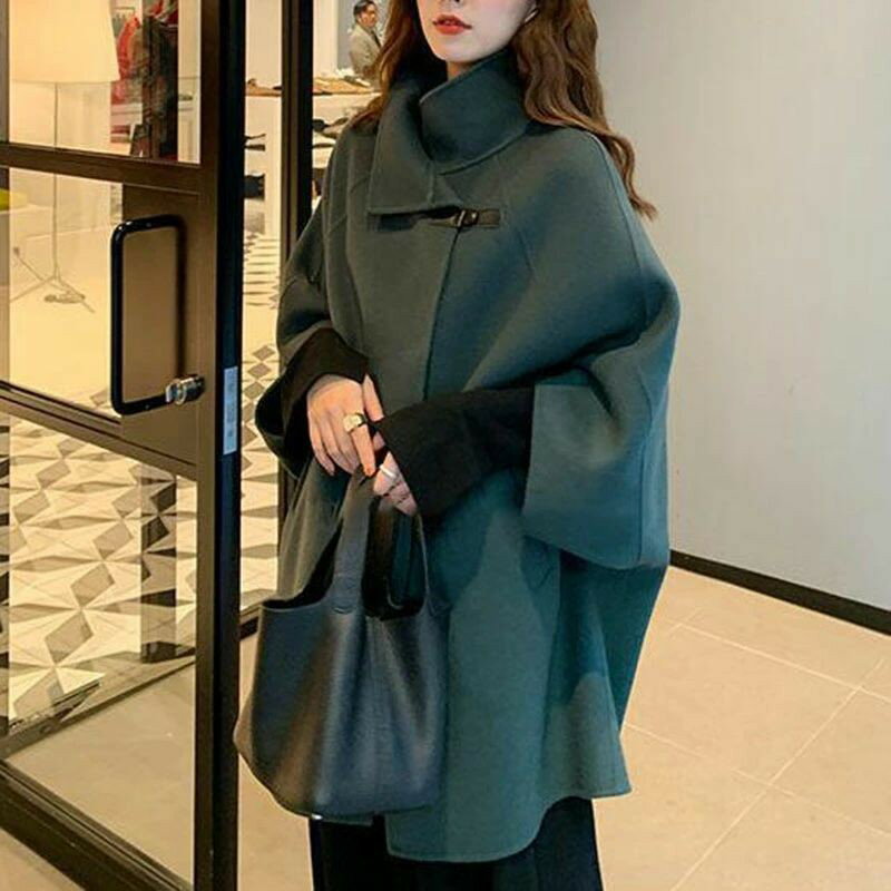 フェイク 無地 ビッグシルエット 冬 秋 チェスターコート ロングコート ポンチョ コート メルトン レディース アウター コート 体型カバー レディース ダブルコート ピーコート タートル ウール