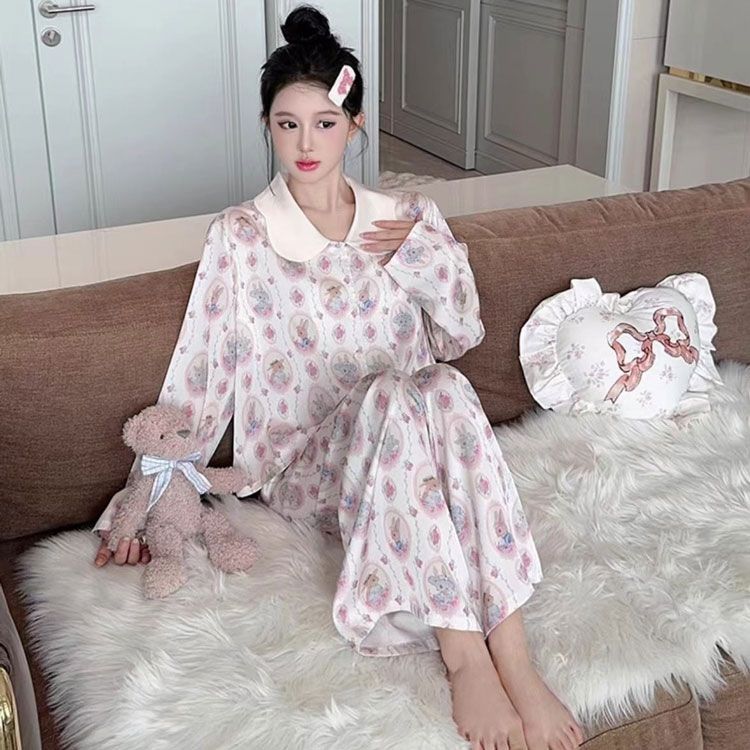 サテン ギフト うさぎ柄 ナイトウエア 長袖 汗取り シルク ロング レディース パンツ 美肌 消臭 速乾性 クリスマス 花柄 上下セット 抗菌 プレゼント 前開き 吸湿 部屋着 2点セット 部屋着 快適 寝間着 ルームウェア パジャマ