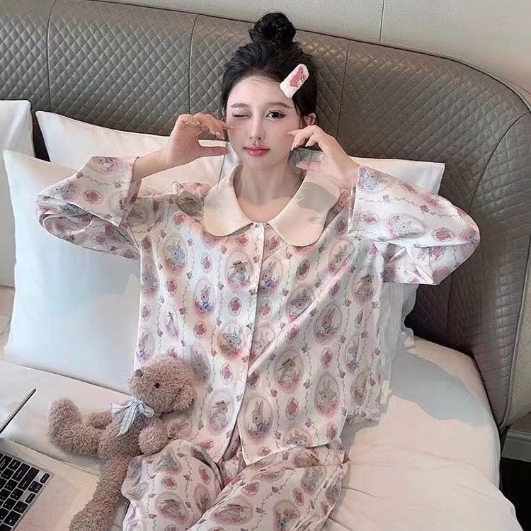 サテン ギフト うさぎ柄 ナイトウエア 長袖 汗取り シルク ロング レディース パンツ 美肌 消臭 速乾性 クリスマス 花柄 上下セット 抗菌 プレゼント 前開き 吸湿 部屋着 2点セット 部屋着 快適 寝間着 ルームウェア パジャマ