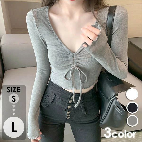 カジュアル ショート丈 レディース M ブラック クロップドス シンプル へそ出し ホワイト トリアセテート L カットソー 夏 長袖 セクシー 女性 Vネック 春 秋 S フロントシャーリング グレー やわらか おしゃれ ス ダンス