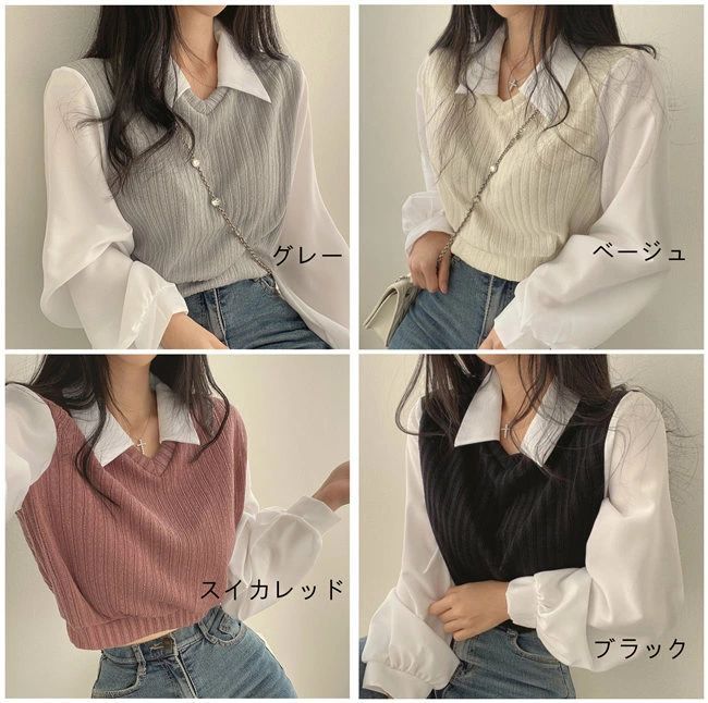 きれいめ シフォン袖 フェミニン ス 可愛い パフスリーブ 春 フェイクツーピース ス 韓国 ガーリー