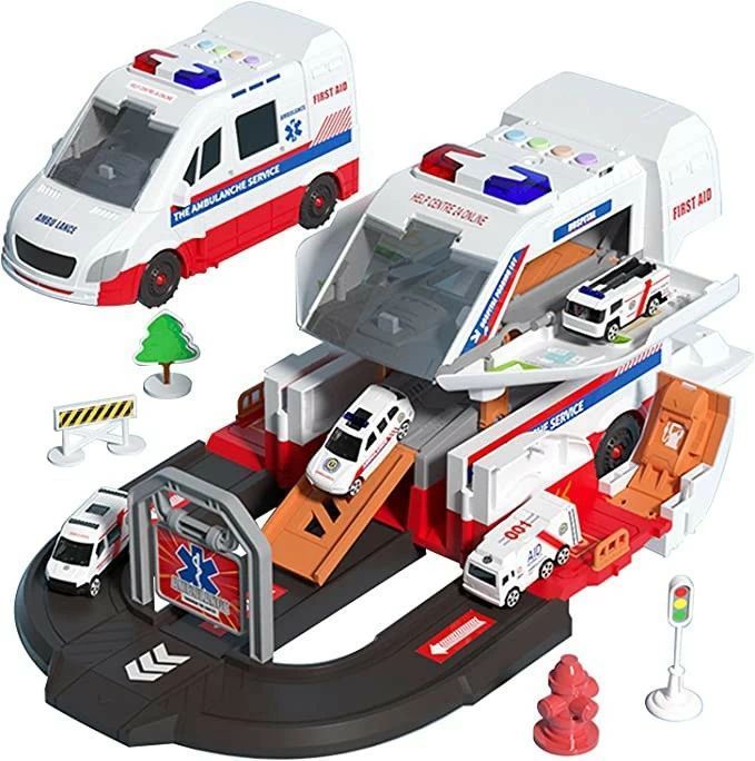 光る 車 変身 レール ミニカー リアル 玩具 はたらく車 飛び出す 緊急車両 セット パトカー おもちゃ 変形 救急車 簡単 子供向け 音が鳴る ライト 2階建て 消防車
