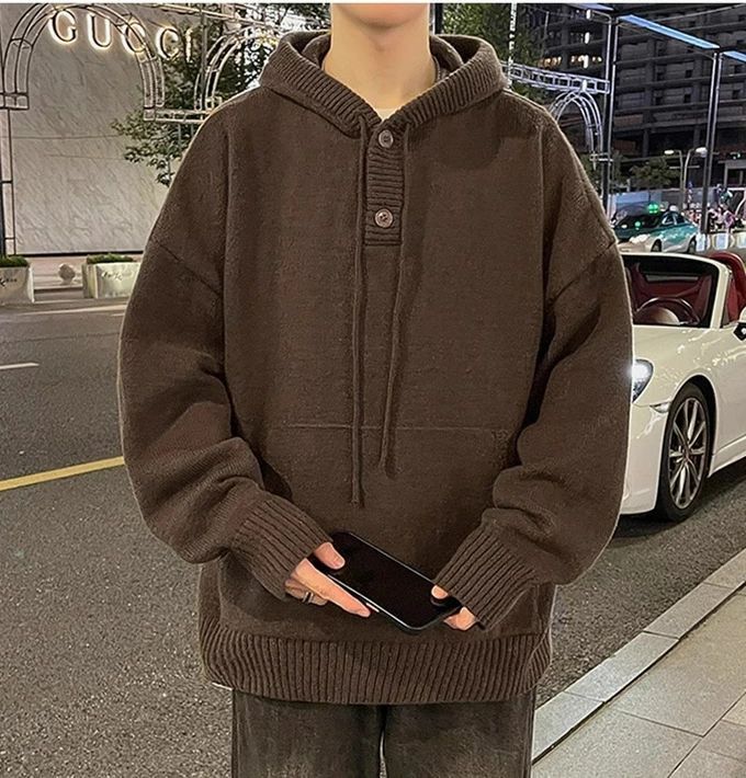 オーバーサイズ ショート丈 ファッション ゆったり 秋服 メンズ ス パーカー 襟ボタン プルオーバーパーカー 春 冬 ニット 長袖 おしゃれ 服 防寒 無地 暖かい カジュアル 冬服 シンプル フード付き 秋 カンガルーポケット ニットパーカー