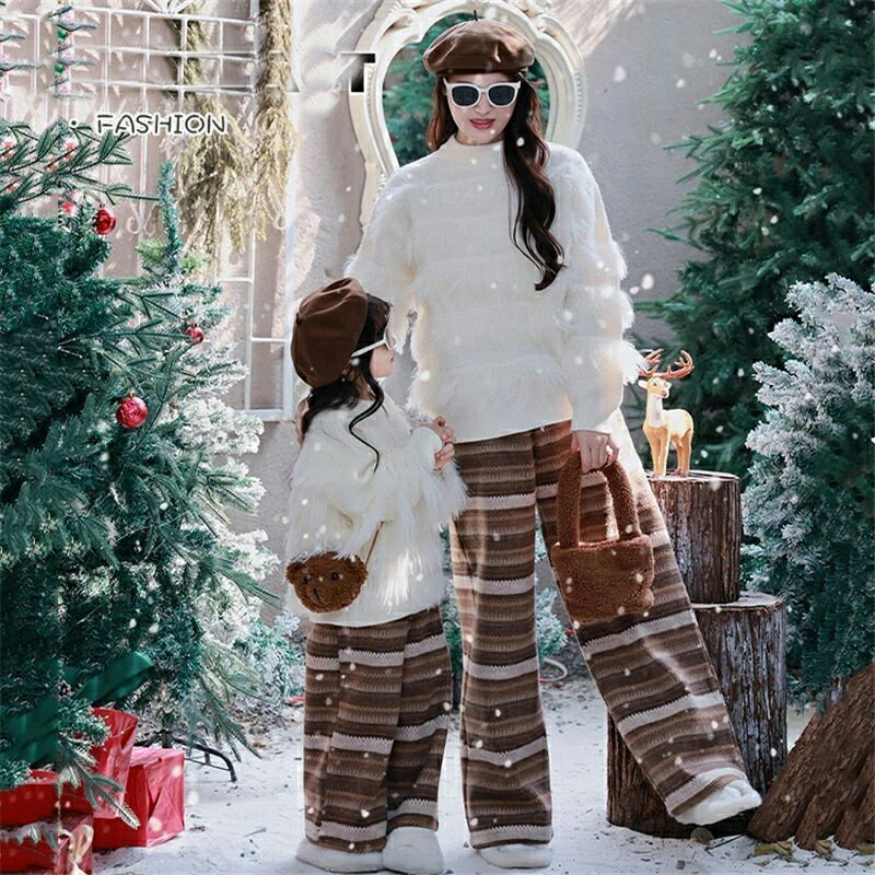 親子ペアルック クリスマス プレゼント ストライプ ペアルック 長袖 ママと娘 ス ニット セーター 秋冬..