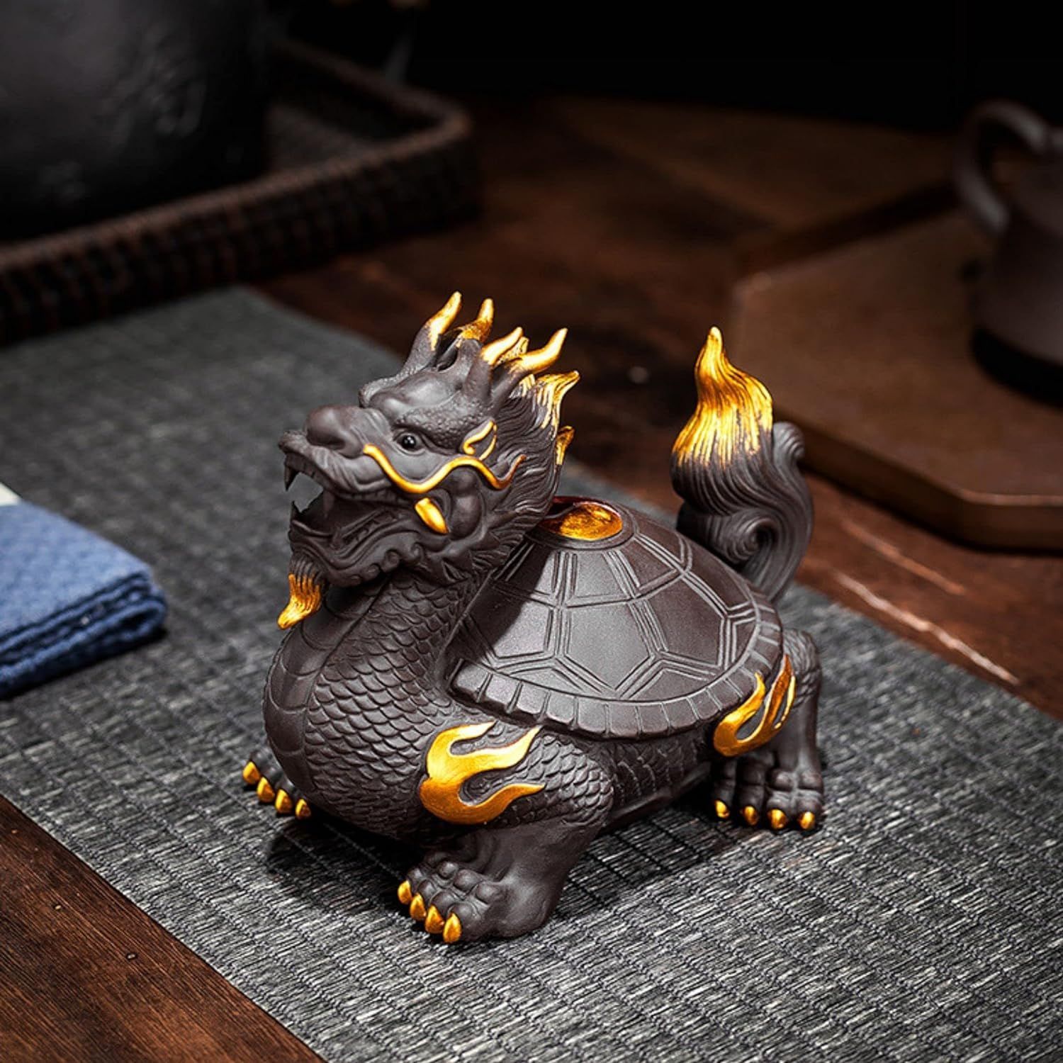 ロングイ 高さ11.5cm×幅13cm×奥8.5cm 開運 干支 紫泥 龍亀 置物 仏像