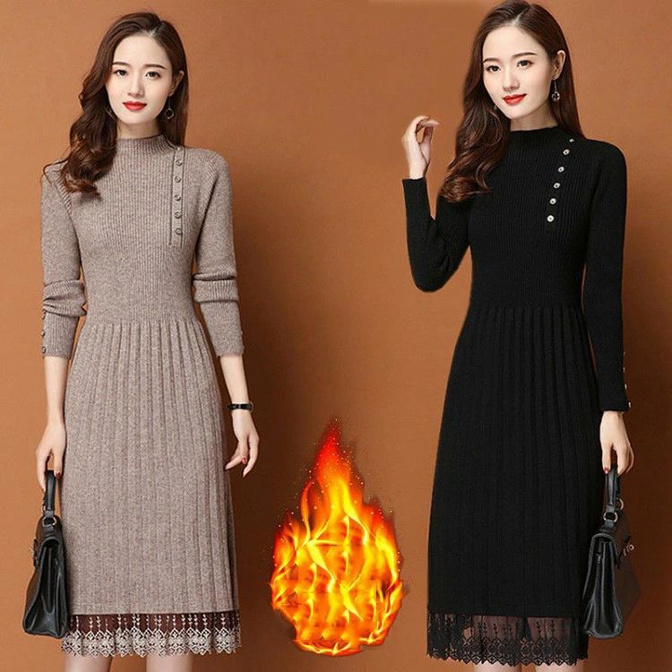 裏起毛 Aライン 着痩せ 秋冬 膝丈 通勤 おしゃれ ニットワンピース 無地 ハイネック 長袖ワンピース 黒 レディース 上品 ニットインナー ゆったり プリーツ